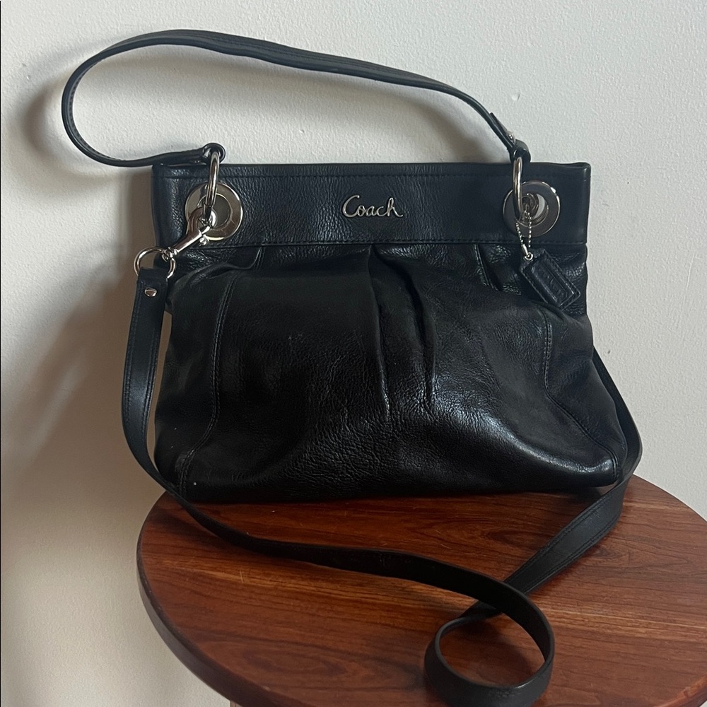 Coach Ashley Black Leather Shoulder Bag with Silver Accents